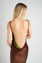 Load image into Gallery viewer, DAPHNE Dress 100% SILK Reversible Brown &amp; Green
